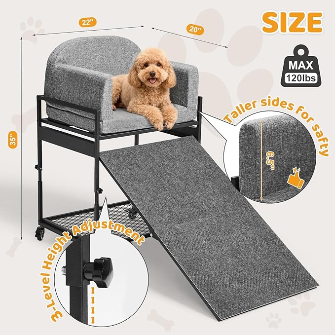 Dog Stairs Ramp, Seatmate Chairs for Dogs, Adjustable Two-Folded Extra Wide Seat Mate Chair Ramps, Non-Slip Dog Window Perch with Stairs for High Bed Window Office, Grey Ladder Perch, Load Capacity