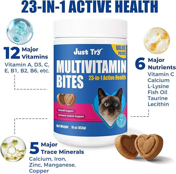 Just Try Comprehensive Multivitamin for Cats Value Packs - with Fish Oil, Taurine, L-Lysine, Biotin, Vitamins A, D3, E, B Complex, Calcium & Minerals - Supports Skin & Coat, Heart, Eyes, Joints Health