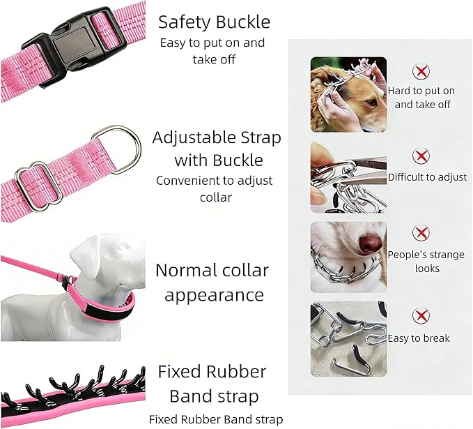 Lightweight Prong Collar for Dogs, Reflective No Pull Dog Collar | Adjustable Size Dog Pinch, Breathable Woven Fabric Air Grid Technology, Martingale Collar for Dogs Training（Pink-L）