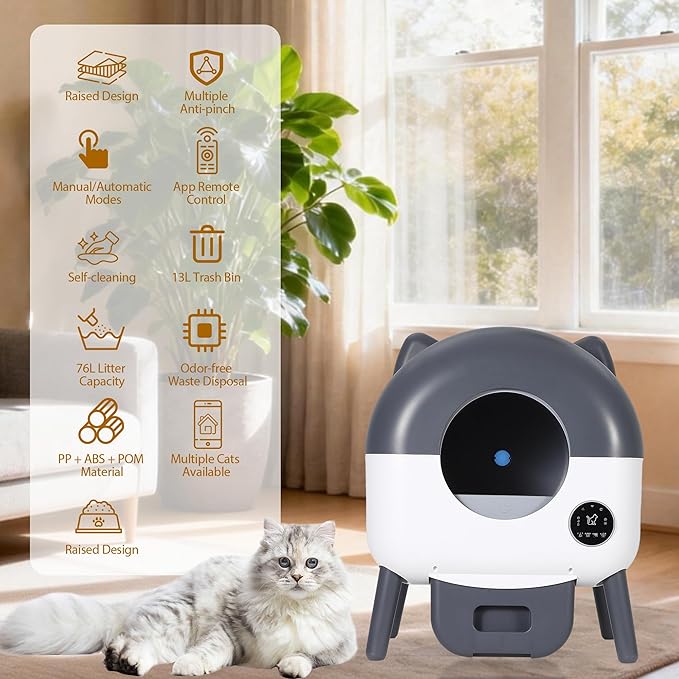 Self-Cleaning Cat Litter Box, 76L Large Capacity Automatic Litter Box for Multiple Cats, App-Controlled, Quiet & Odor-Free, Smart Safety Sensors, LED Night Light, Includes Trash Bags