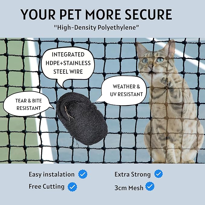 Cat Netting Balcony, 10x13 ft Stainless Steel Reinforced Bite Tear UV and Weather-Resistant Anti-Fall Netting for Pets, Safety Net for Cat, Small Catio for Apartment Balcony Protection