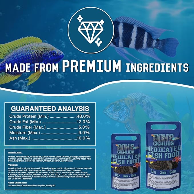 RON'S CICHLIDS Medicated Big Boy Blend African Cichlid Fish Food, Premium Tropical Fish Food Pellets with Protein, Veggies & Fruits for Healthier, Brighter & Bigger Tropical Fish & Cleaner Tanks, 1 LB