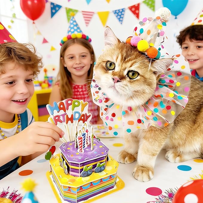 Cute Pet Birthday Costume Bandana Scarf Bib and Hat Set for Cat and Dog, Cat Dog Birthday Decorations Outfits (Polka Dot)