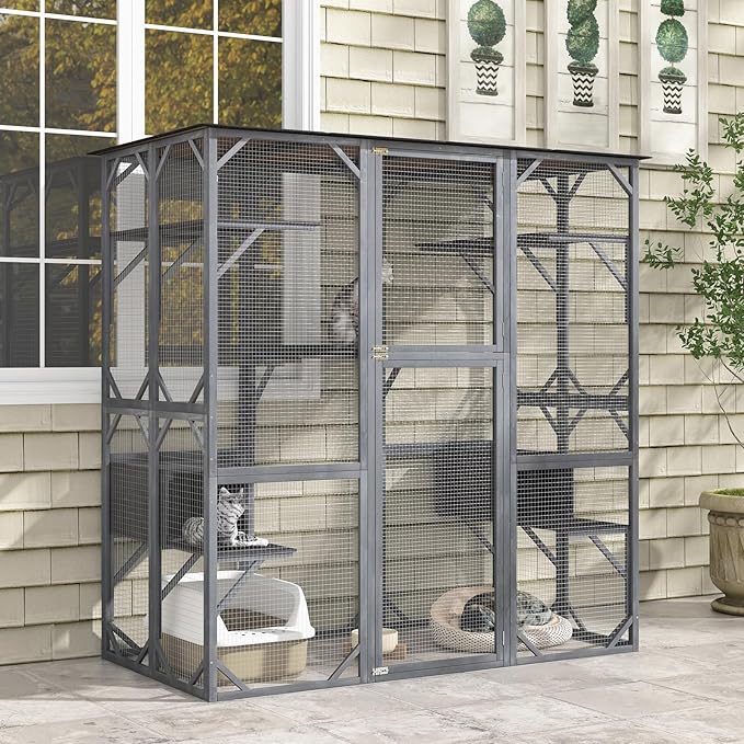 Tangkula Catio Outdoor Cat Enclosure Large, 71 Inch Outdoor Cat House Weatherproof with Asphalt Roof, Wooden Cat Cage Playpen with 7 Jumping Platforms & 2 Resting Boxes, Walk-in Cat Kennel Condo