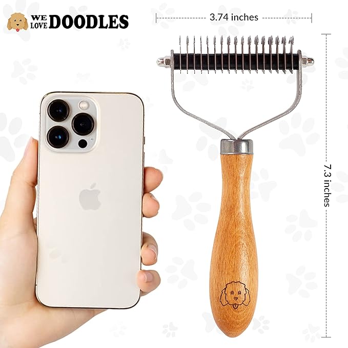 Pet Dematting Comb for Dogs and Cats with Wood Handle, Deshedding Undercoat Rake with Stainless Steel Blades, Pet Comb for Detangling Thinning and Shedding, All Hair Types [We Love Doodles]
