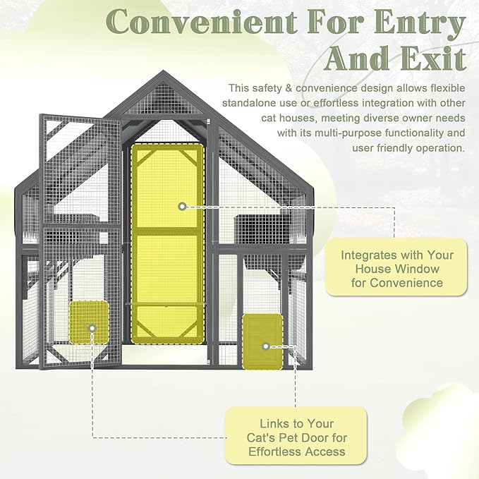 KEIKI 74" Large Outdoor Cat Enclosure for Multiple Cats, Weatherproof Wooden Catio with Platforms, Resting Boxes, Bridges and Canopy, Outdoor Cat House Cat Cage Outdoor, Gray