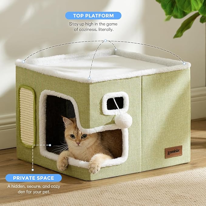 Heated Cat House for Indoor Cats - Cat Warming Bed for Winter with Fluffy Ball Hanging and Adjustable Heating Pad, Foldable Cat Hideaway,16.5x16.5x13 inches, Navy Blue