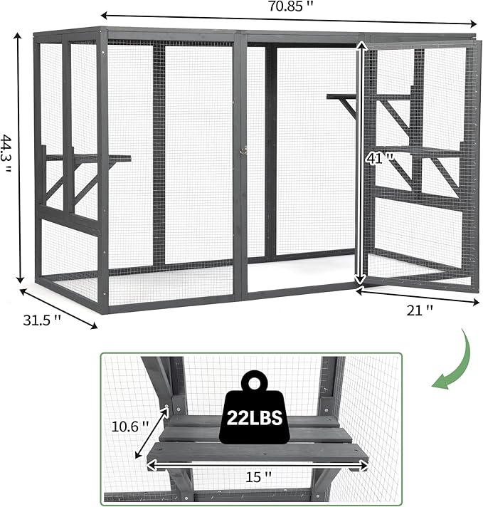 Catio Outdoor Cat Enclosure, Large 71" Catio Window, Heavy Duty Steel Mesh Cat Patio with Lockable Door, Large Catios for Balcony, Grey