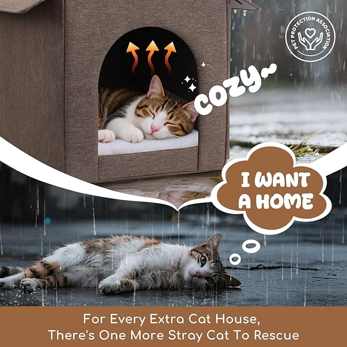 Outdoor Cat House Weatherproof, Insulated Cat Dog Houses for Outdoor/Indoor Cats for Winter, Waterproof Feral Stray Cat Shelter with Warm Cushion for All Seasons, Easy to Assemble, Brown