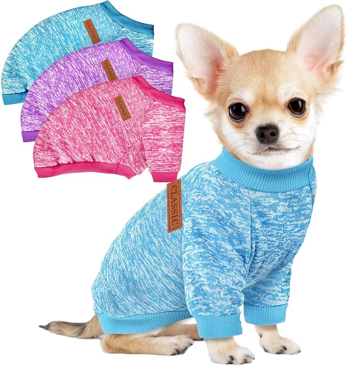 3 Pack Dog Sweaters for Small Dogs Girl Boy Winter Fleece Clothes Warm Soft Dog Sweatshirt Outfit for Dogs Cats Pet Apparel (Rose+Light Blue+Purple, Large)