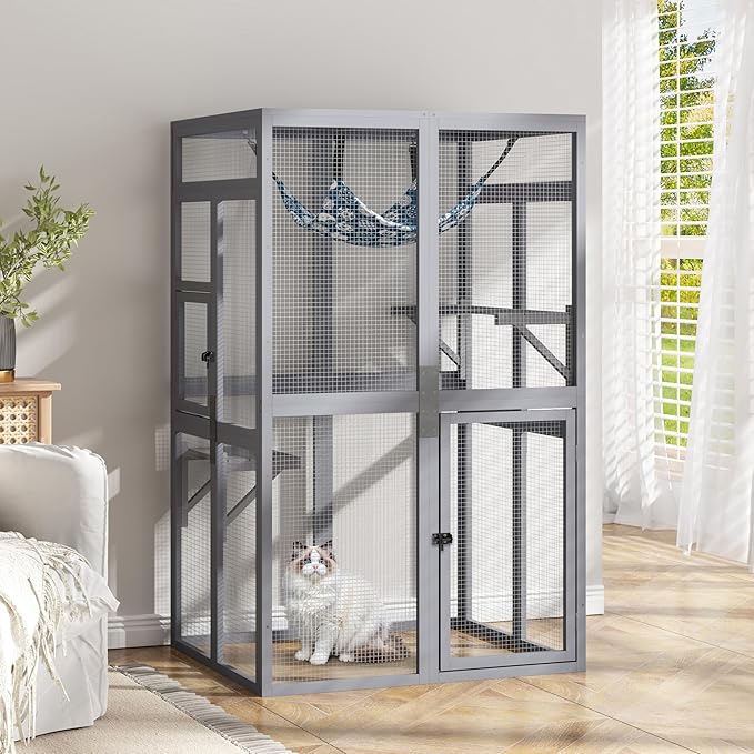 COZIWOW Upgraded Catio Outdoor Cat Enclosure Window Access, Wooden Cat House Shelter, Kitty Cage with Platforms & Hammock Patio Indoor (Gray)
