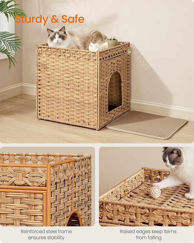 Feandrea Cat Litter Box Enclosure, Handwoven Rattan Hidden Litter Box Furniture with Extra Mat, Removable Washable Tray, Boho Cat House, End Table, Goose Yellow UPCL024YE01