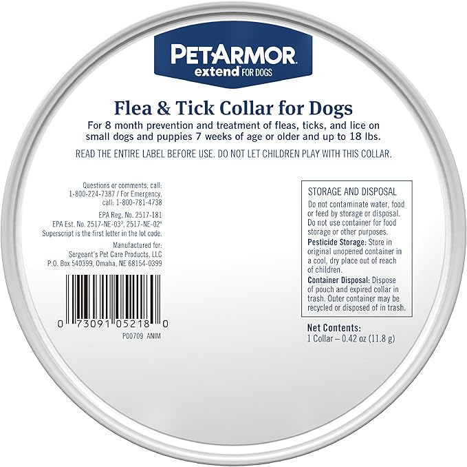 PetArmor Extend Dog Flea and Tick Treatment & Prevention Collar for Small Dogs up to 18 lbs., 8 Months of Protection, Odorless & Non-Greasy, Waterproof, Kills Fleas, Ticks, and Larvae, 1 Count