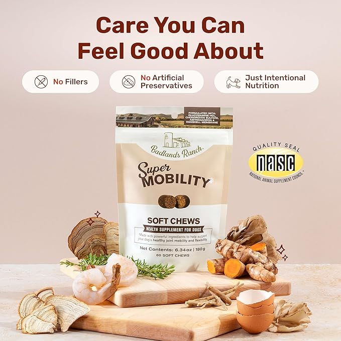 Badlands Ranch Super Mobility Soft Chews for Dogs – Superfood Blend with Glucosamine, Chondroitin & Eggshell Membrane – 60 Soft Chews