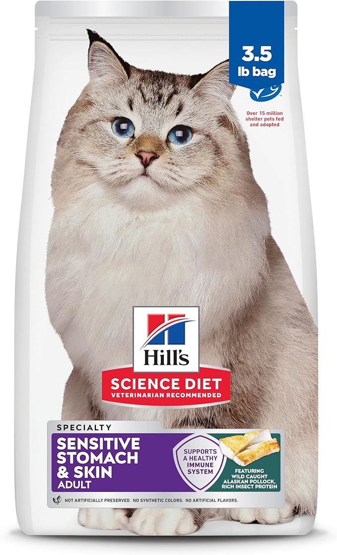 Hill's Science Diet Adult 1-6 Sensitive Stomach & Skin Dry Cat Food, Pollock & Barley, 3.5 lb. Bag (Updated Formula)