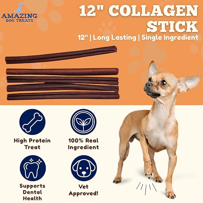 Amazing Dog Treats 12 Inch Collagen Stick - (50 Count)- Collagen Sticks for Dogs - No Hide Dog Bones