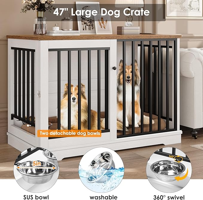 TTVIEW 47” Large Dog Crate Furniture, Heavy Duty Dog Kennel Indoor with Sliding Door and 2 Adjustable Bowls, Rustic Wooden Dog Cage Pet House for Large Dogs, End Table for Living Room, White