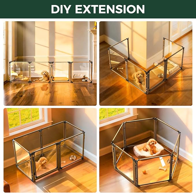 FXW AuraSpace Pro Metal & Acrylic Indoor Dog Playpen, All-Acrylic Clear Heavy-Duty Design, 24" Height 6 Panels for Puppies & Small Dogs,Walnut│Patented
