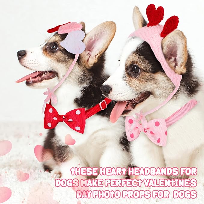 MTLEE 4 Pcs Valentines Day Heart Headband Neck Bow for Cat 2 Pet Neck Bow Cat 2 Headbands Valentines Day Headband with Ear Holes and Chin Straps Adjustable Dog Bows Tie Pink Red Heart Decor for Pets