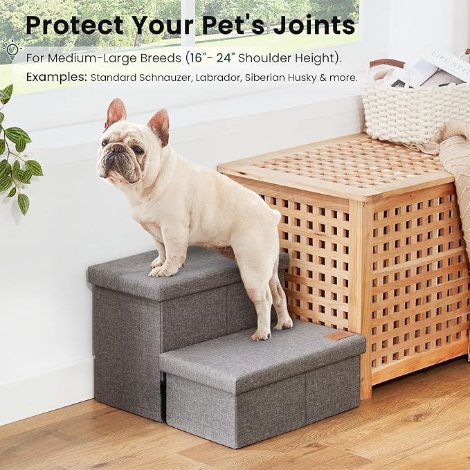 Love's cabin Dog Stairs with Storage 13" H, Foldable Pet Stairs for Small Medium or Large Dogs, Cat Puppy Steps Ramp with Zip up to 150 lbs, Solid Grey, 2 Steps