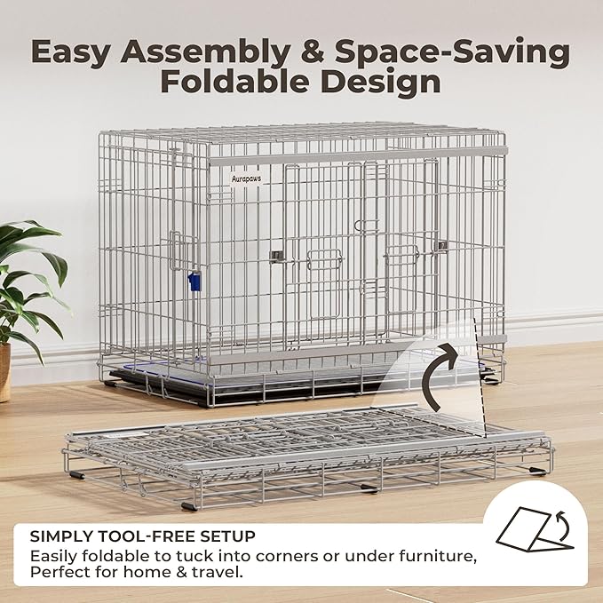 36 Inch Sliding Door Dog Crate - Heavy Duty Collapsible Dog Crates for Medium Dogs (30-70lbs), Double Door Metal Dog Kennel Cage with Soft Mat, Leak-Proof Tray, Easy Foldable & Assembly