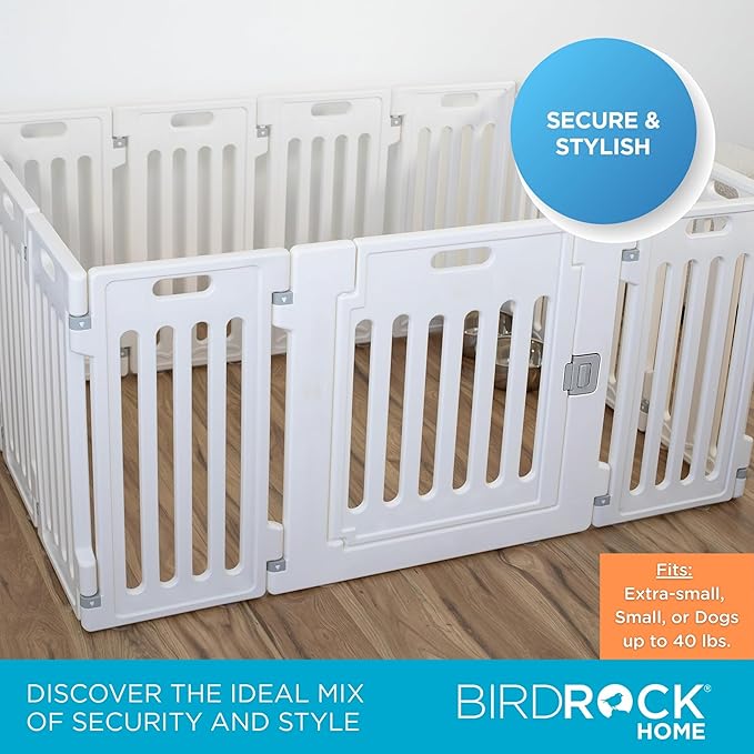 BIRDROCK HOME Pet Playpen with Door | 12 Panel | Strong Plastic | Puppy Safety Fence Pen Playpen | Non-Slip and Secure Dog Gate | White