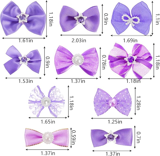 20 PCS Cute Dog Hair Bows with Rubber Bands Elastic Handmade Mix Style Lace Rhinestone Pearls for Furry Puppy Cat Pet Girl, Purple