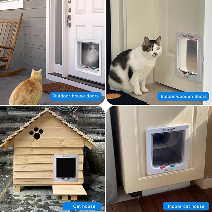 CEESC Cat Flap Door Magnetic Pet Door with 4 Way Lock for Cats, Kitties and Kittens, 3 Sizes and 2 Colors Options (M- Inner Size: 6.18"(W) x 6.30"(H), White)