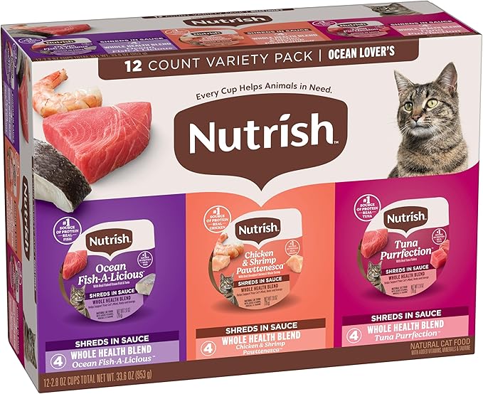 Nutrish Grain Free Ocean Lover's Whole Health Blend Variety Pack Wet Cat Food, 2.8 oz. Cup, 12 Count (Rachael Ray)