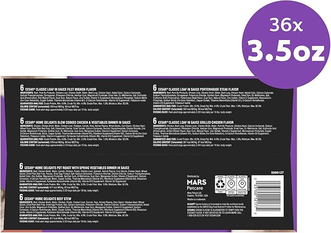 Cesar Home Delights & Classic Loaf in Sauce Wet Dog Food Variety Pack, 3.5 oz. Trays, 36 Count (Pack of 1)