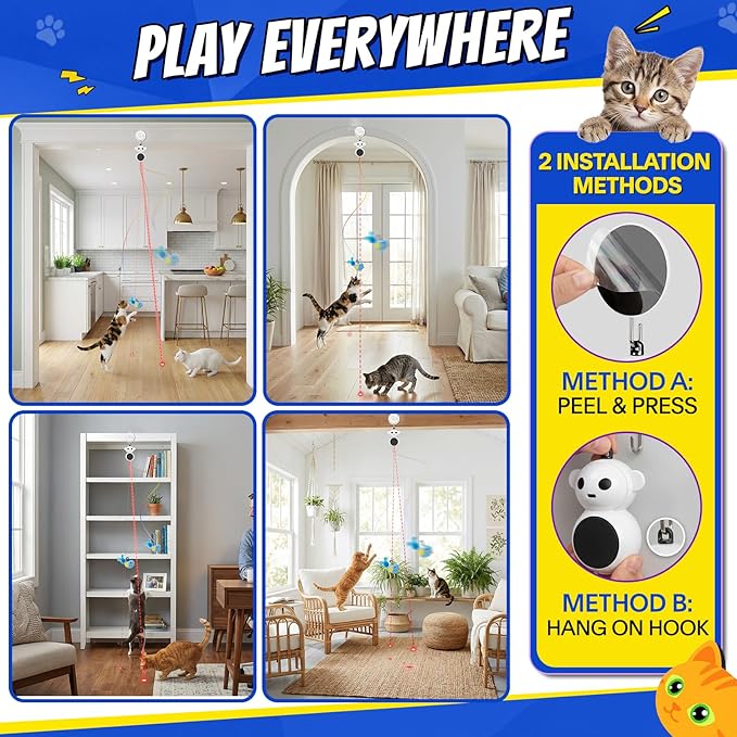 Interactive Cat Toys for Indoor Cats - 2 in 1 Automatic Laser Pointer Cat Toy with Feather Flying Bird，Smart Moving Mouse Wand Toy, Auto On/Off Hanging Toys for Bored Kitten & Adult Cats(Grey)