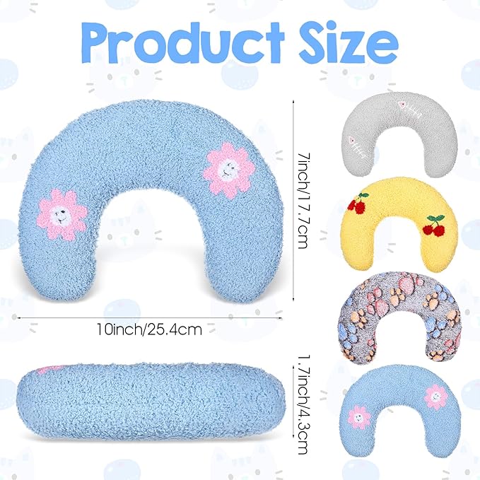 4 Pcs Ultra Soft Fluffy Pet Calming Pillow U Shaped Donut Cat & Dog Bed with Cute Embroidery, Anxiety Relief & Joint Support, Machine Washable