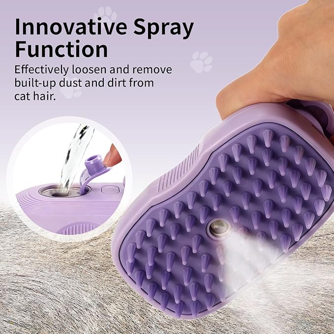 Cat Steam Brush for Shedding, 4 in 1 Rechargeable Steam Brush for Cats and Dogs, Anti-Static, Massage, Cleaning, Shedding & Combing All in One! (Purple)