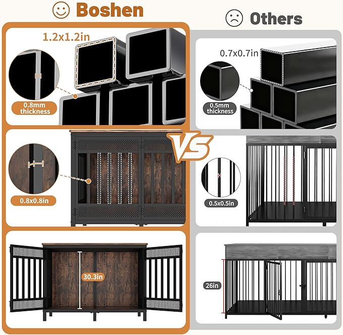Boshen 48inch XXL Dog Crate Furniture for Large and Medium Dogs, Heavy Duty Wooden Reinforced Frame Dog Kennel Indoor with Double Doors, Decorate House as TV Stand, End Table