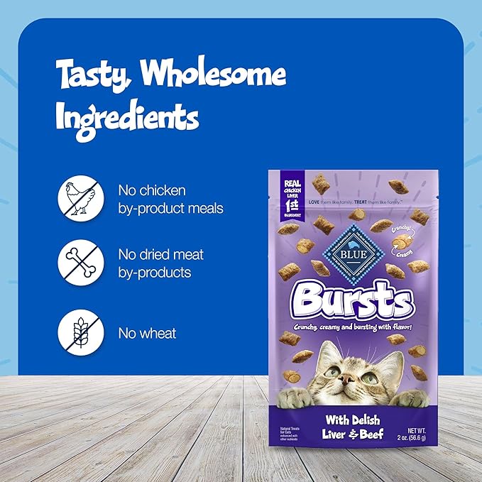 Blue Buffalo Bursts Crunchy & Creamy Cat Treats, Great for Training, Delish Liver & Beef, 12-oz. Tub