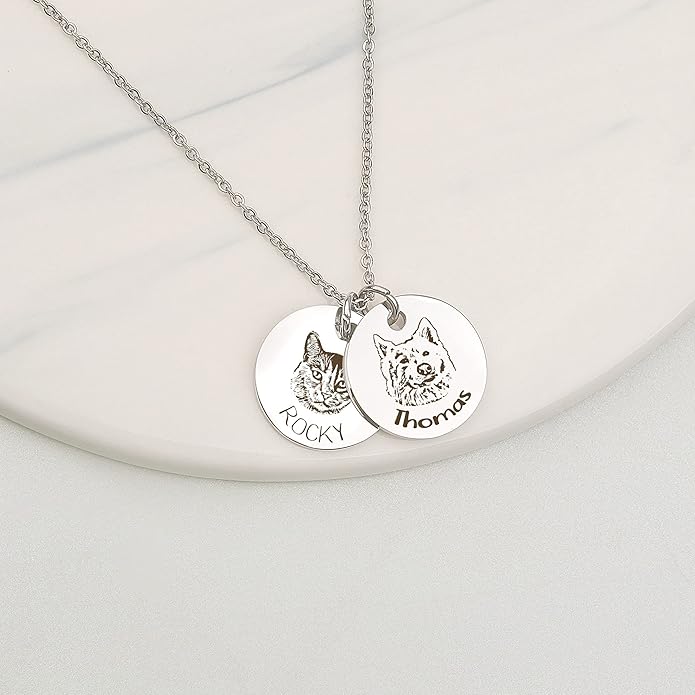 Anavia Personalized Pet Portrait Necklace, Handmade Memorial Jewelry Gift, Custom Round Disc Photo Engraved Necklace for Animal Lovers, Dog Mom, Dog Dad