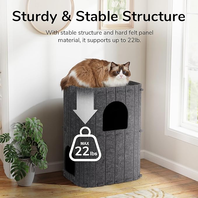 FUKUMARU Cat House for Indoor Cats, 23.62 Inch Large Cat Bed Cave Condo, 2-Storey Cozy Felt Covered Cats Tunnel Kitten Hideaway for Multicats, Scratch Resistant, Dark Grey