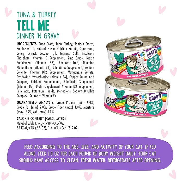 Weruva B.F.F. OMG - Best Feline Friend Oh My Gravy!, Tuna & Turkey Tell Me with Tuna & Turkey, 5.5oz Can (Pack of 8)