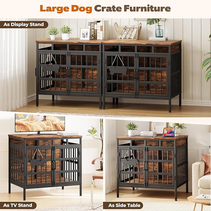 Dog Crate Furniture for Medium Dogs, Wooden Dog Kennel Furniture for Small Dogs, Double-Doors Sturdy Metal Dog Cage for Anxiety Dog, Anti Escape Wooden Cage with Name Tag End Table, TV Stand Brown