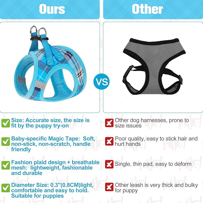 BEAUTYZOO Small Dog Harness and Leash Set,Step in No Choke No Pull Soft Mesh Dog Harnesses Reflective for Extra-Small/Small Medium Puppy Dogs and Cats, Plaid Dog Vest Harness for XS S Pets, Blue XXS