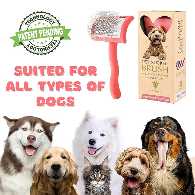 Pet Slicker Brush With Soft Massage Grooming Stainless Steel Pins - For Dematting, Shedding Fur, and Undercoat - Ideal Gift for Professional Pet Groomers - Long Slicker Brush (Coral, Flat Medium)