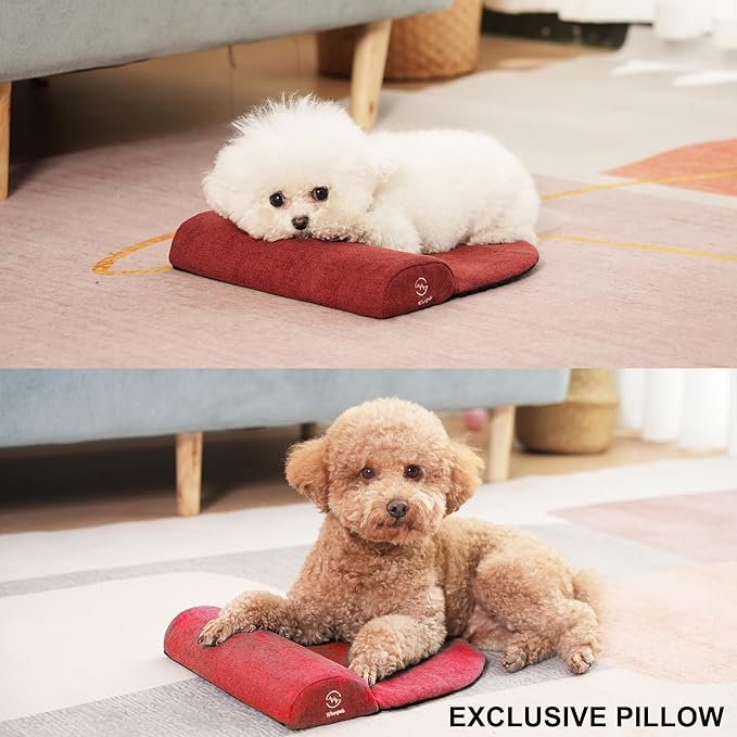 Dog and Cat Bolster Pillow for Small Dogs and Cats, Benefit for Cervical Vertebra and Neck, Easy to Carry When Traveling, with High Resilience Foam, Machine Washable Cover (Red, Small)