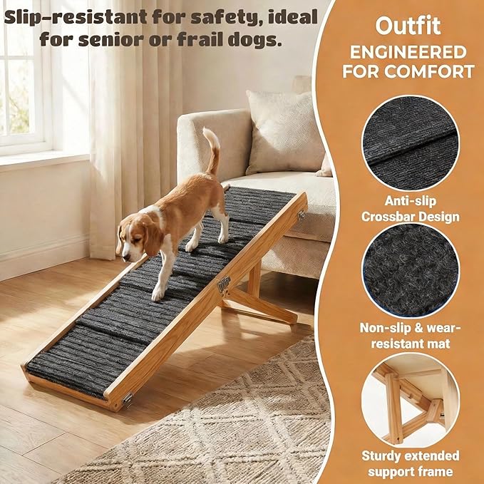 Dog Ramp for Couch & Bed for Small Dogs, Foldable Small Dog Ramps for Sofa - 31.5" LX12 W, 4 Adjustable Height, Portable, Stable, Non-Slip, Carry Handle, Walnut