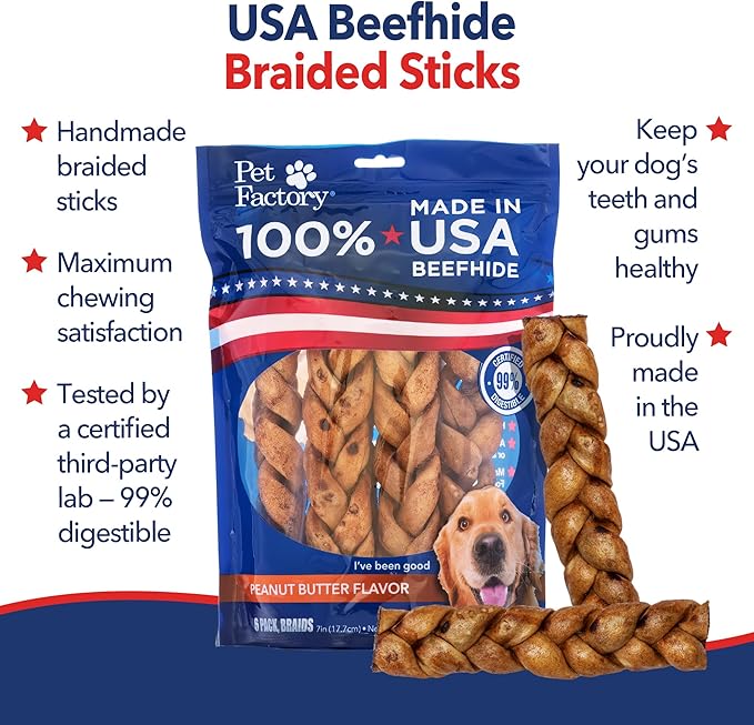 Pet Factory 7in Braided Beefhide Dog Chew Sticks with Peanut Butter Flavor - 100% USA Made Rawhide Chews for Medium Dogs, Long Lasting Dental Health, 7 inches (), 6 Count (Pack of 2)