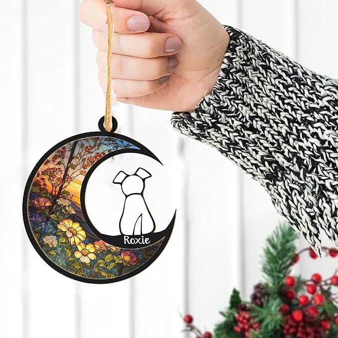 LOVELYPOD DIY Dog Ornament Suncatcher Memorial Gifts for Dog Lovers, White Dog Decor on Moon Window Hangings Suncatcher, Loss of Dog Sympathy Gift, Remembrance Gifts in Memory(4 Inches)