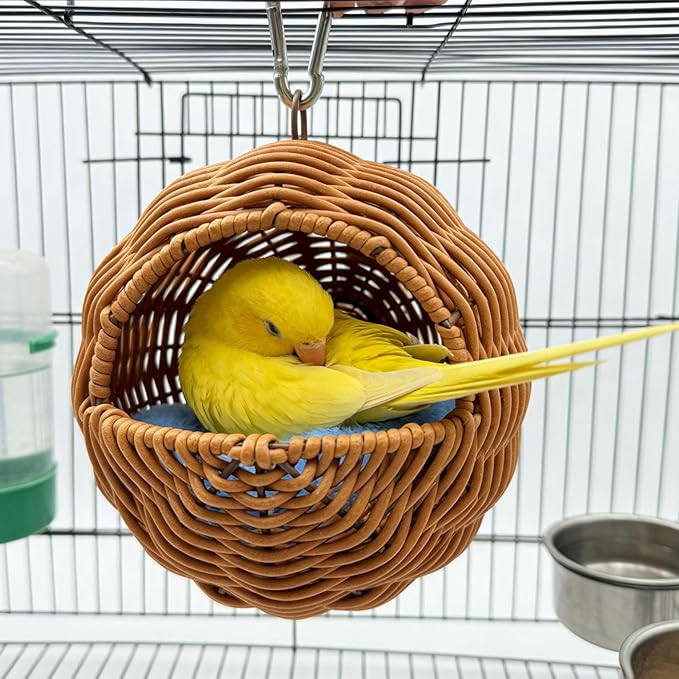 Rattan Bird Nest for Cage，Hanging Parakeet Bed Hammock Hideout Lay Eggs Canary Nest Sleep Parakeet Warm House Hut Parrot Cage Accessories for Cockatiel Budgerigar Finche Canaries