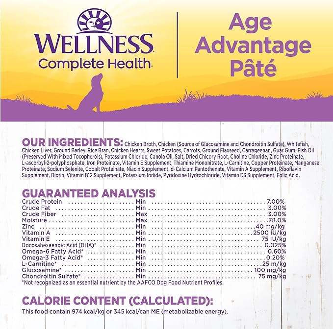 Wellness Complete Health Pate Age Advantage Senior Canned Wet Dog Food, Wholesome Grains, Natural, Chicken and Sweet Potato, 12.5 oz, Pack of 12 Cans