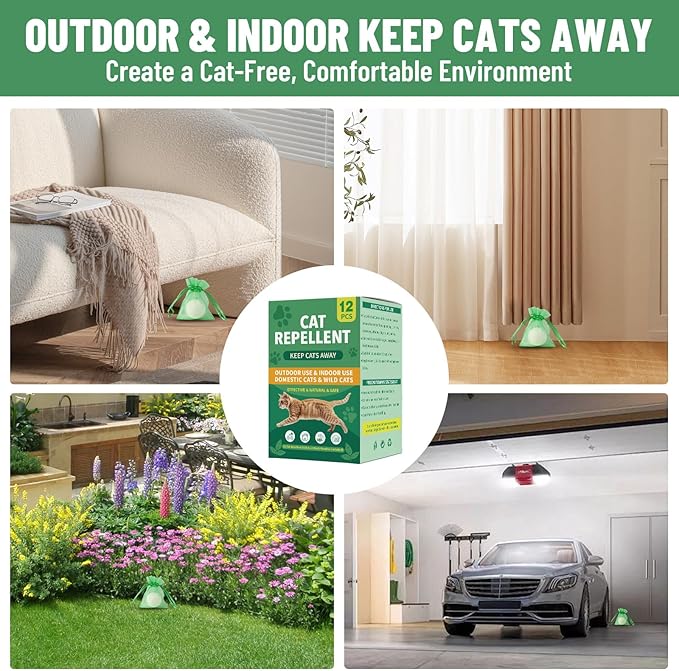 Cat Repellent Outdoor & Indoor, Cat Deterrent Outdoor Indoor, Natural Essential Oil Ball, Anti Cats Scratch for Furniture, Keep Cats Out of Yard, Keep Cats Away from Garden, Lawn Plants, 12 Packs