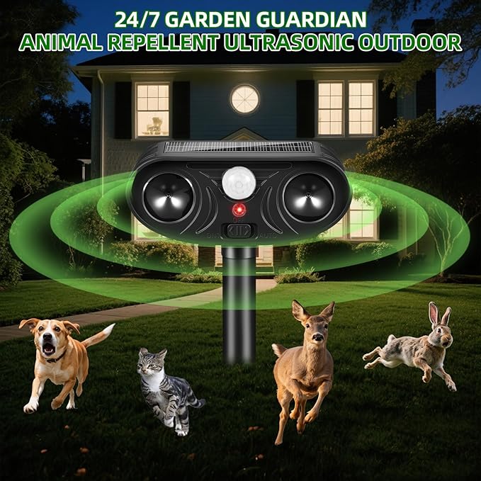 2026 Upgraded Solar Ultrasonic Animal Repellent Deer Repellent Devices Cat Deterrent Outdoor with Motion Sensor Dog Deterrent Keep Raccoon Squirrel Skunk Rabbit Away from Yard Lawn Garden 4 Pack