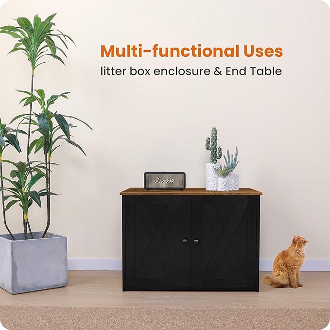 Dwanton Litter Box Enclosure, Cat Litter Box Furniture Hidden, Reversible Entrance Can Be on Left or Right Side, Wooden Cat Washroom Indoor, Black and Warm Brown, 27.6 Inches